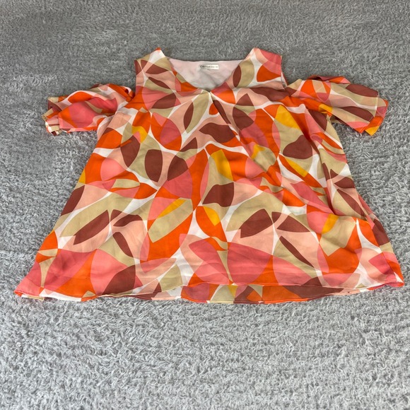 Cato Tops - Cato Cold Shoulder Blouse Orange Pink Geometric Leaf Print V-Neck Top Womens L